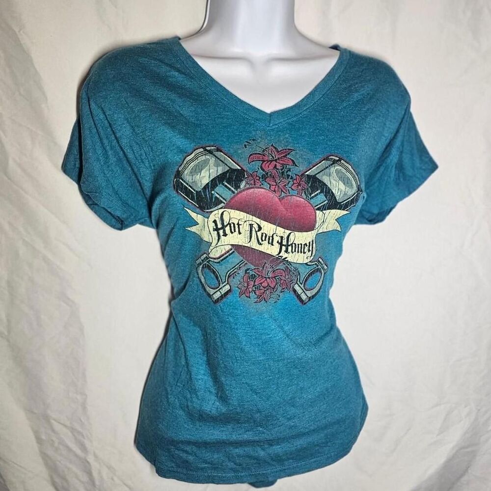 hot rod honey blue retro grunge emo womens v-neck tee